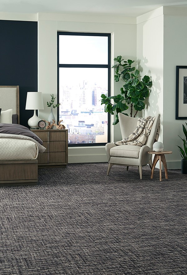 Dark Cross Hatch Styled Carpet in Bedroom